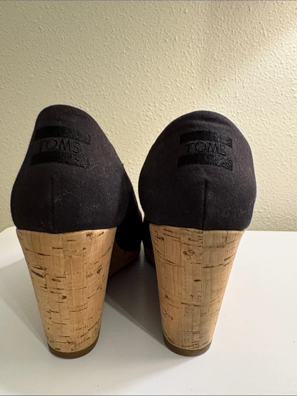 Toms Black Cork Wedge Peep-Toe Shoes
